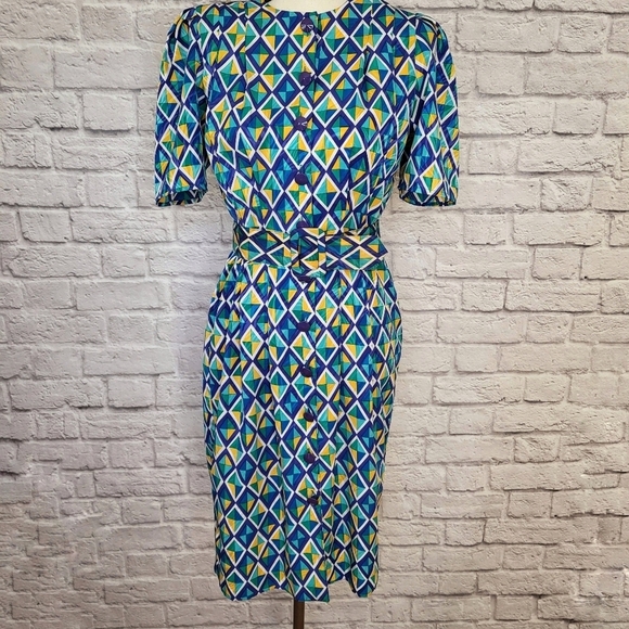 Papell Dress Blue Green Yellow Geometric Print Vintage 80s Buttoned Sz 6 Petite - Picture 3 of 9
